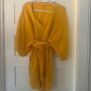 RHODE Arya Yellow Orange Cotton Gauze V Neck Dress with Sash Tie Belt
